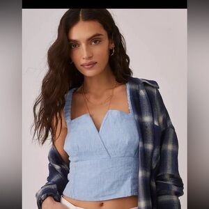 Anthropologie Linen Utility Corset Crop Top Smocked Boho Preppy Vacation s L EUC